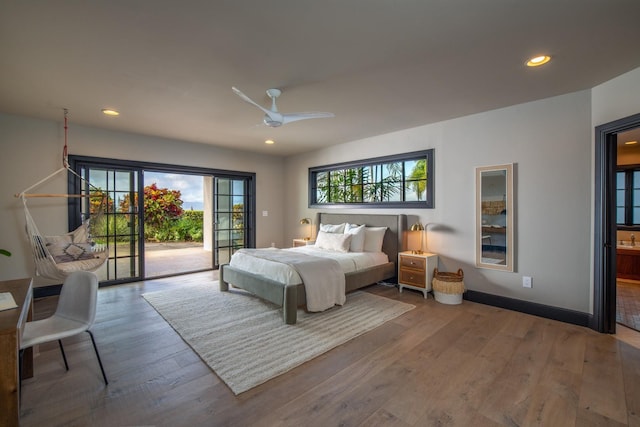 bedroom featuring wood-type flooring, access to outside, and ceiling fan