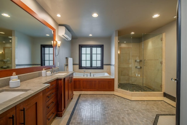 bathroom featuring tile patterned flooring, vanity, a wall unit AC, and plus walk in shower