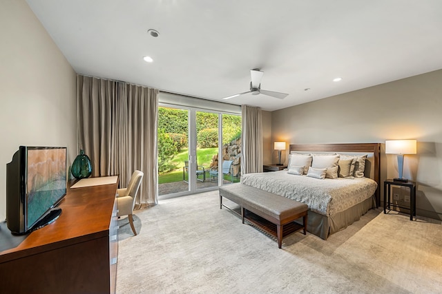 bedroom featuring access to exterior, carpet, and recessed lighting