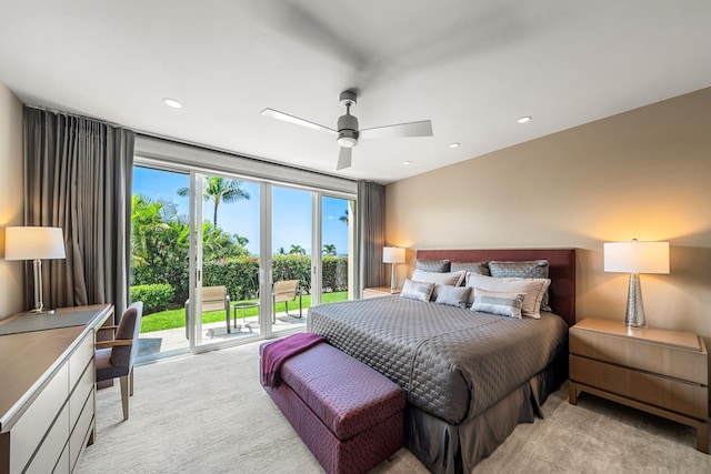 bedroom with carpet floors, recessed lighting, a ceiling fan, and access to exterior