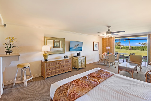 carpeted bedroom featuring ornamental molding, a ceiling fan, baseboards, and access to outside