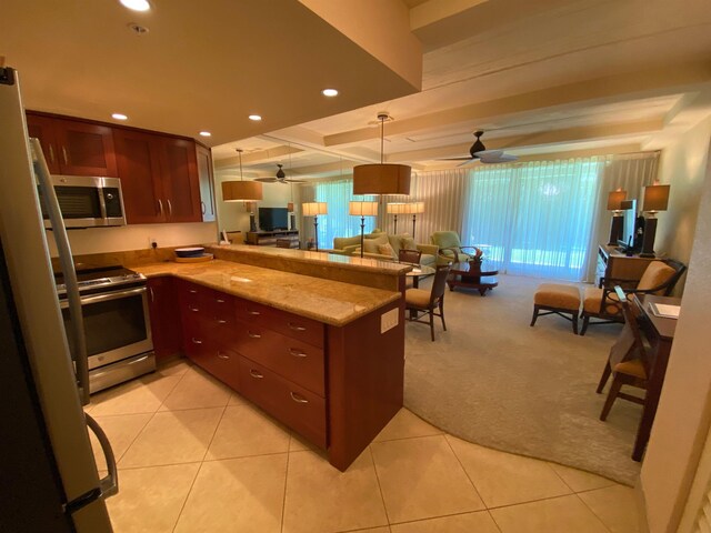 kitchen with light stone counters, stainless steel appliances, light carpet, kitchen peninsula, and ceiling fan