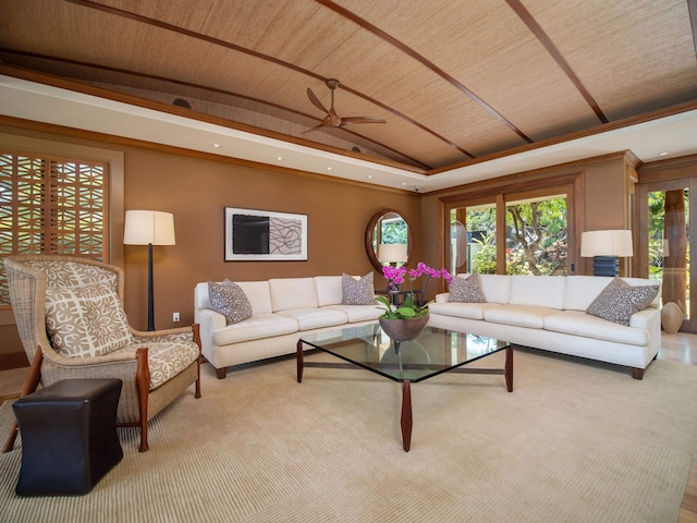 living room featuring wood ceiling and ceiling fan