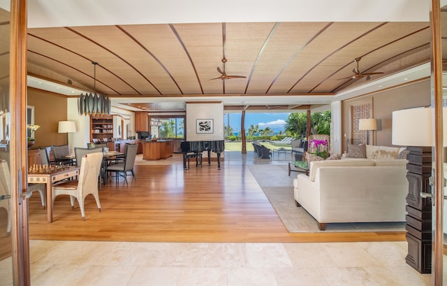 living room featuring wooden ceiling, ceiling fan, and light hardwood / wood-style floors