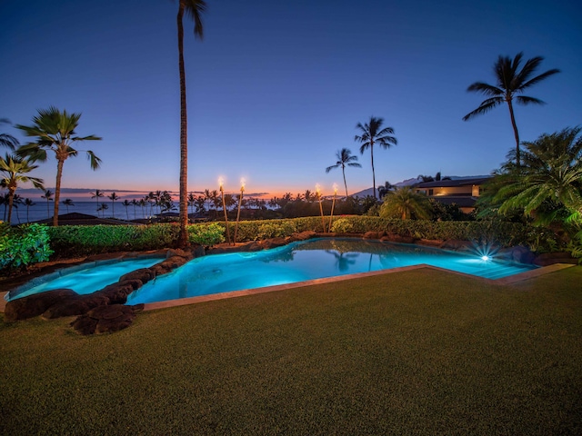 pool at dusk with a lawn