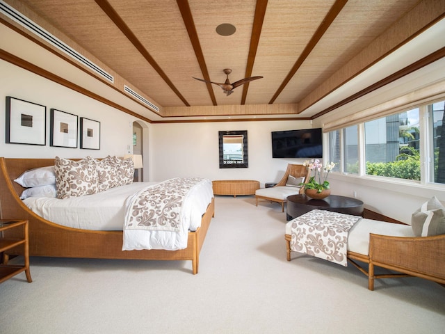 bedroom with carpet floors and wood ceiling