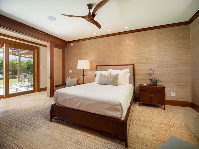 bedroom featuring ceiling fan, access to exterior, and crown molding