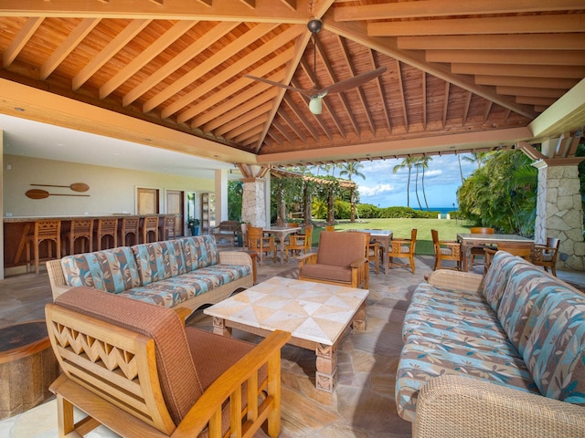 view of patio with ceiling fan, a gazebo, and an outdoor hangout area