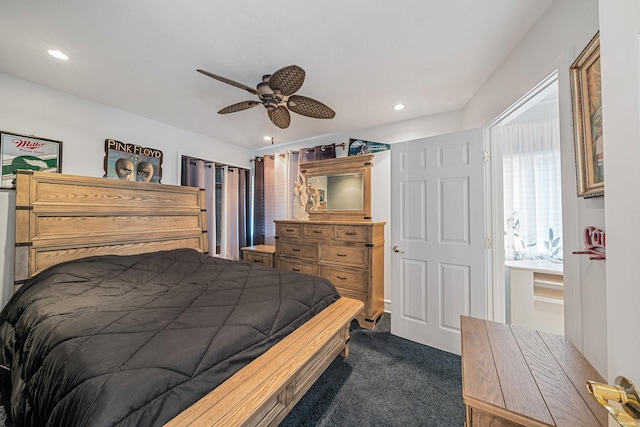 carpeted bedroom featuring recessed lighting and ceiling fan