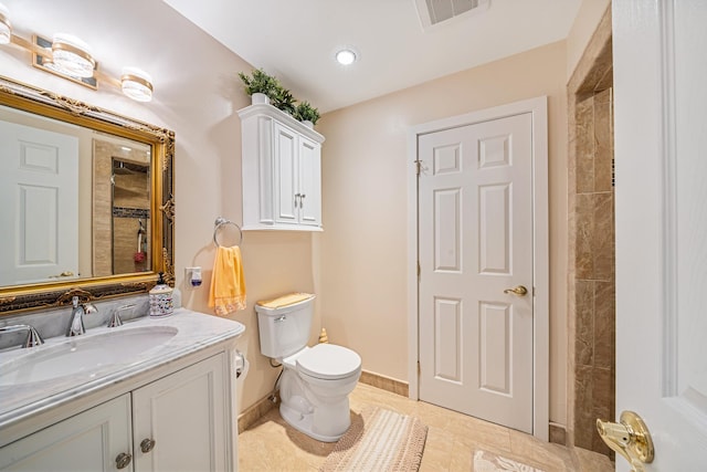 full bath with visible vents, toilet, tile patterned flooring, baseboards, and vanity