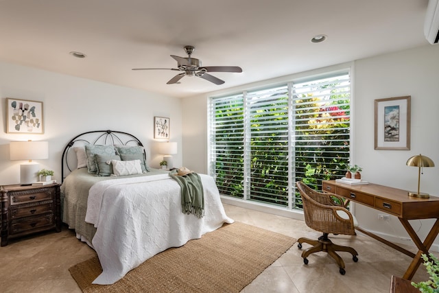 tiled bedroom with ceiling fan