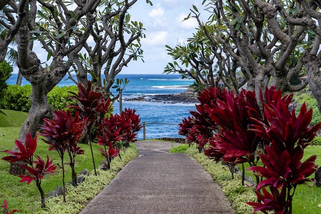 view of property's community featuring a water view and a beach view