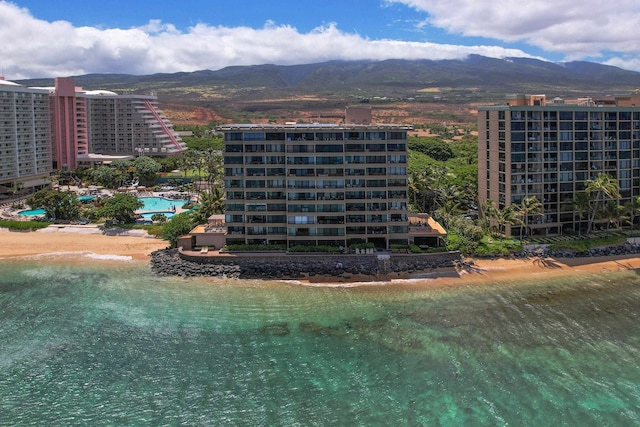 aerial view with a water and mountain view