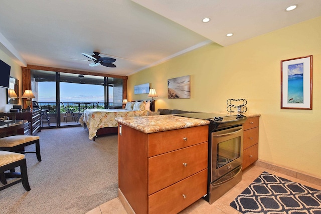 kitchen with light carpet, kitchen peninsula, stainless steel electric range oven, and expansive windows