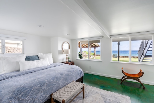 carpeted bedroom featuring a water view