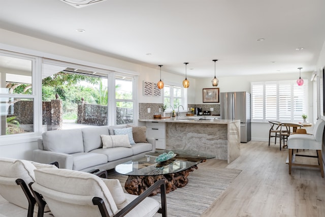 living room featuring light hardwood / wood-style flooring and sink