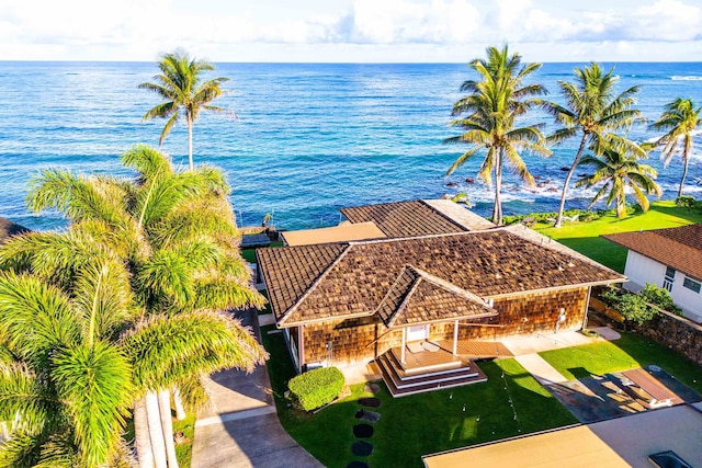 aerial view featuring a water view