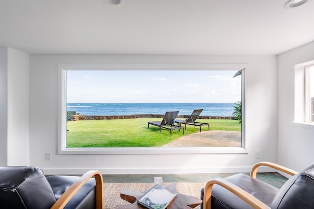 living area featuring a water view and plenty of natural light