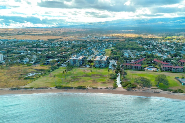 drone / aerial view featuring a water view and a view of the beach