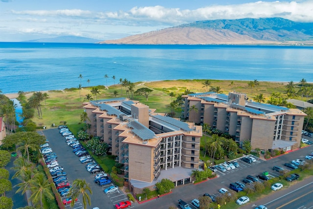 aerial view with a water and mountain view