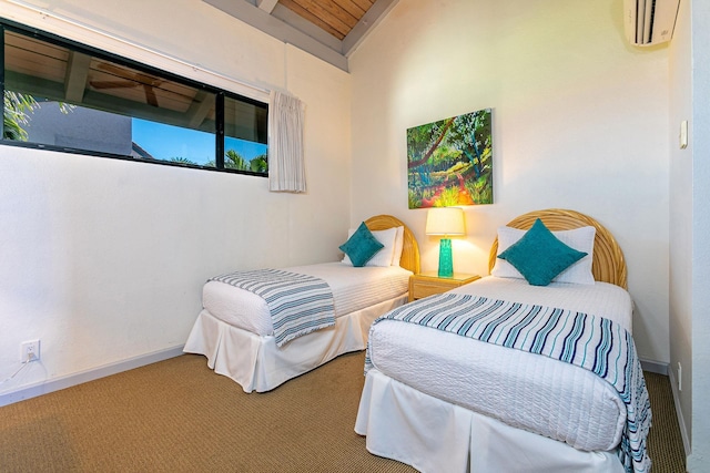 bedroom featuring a wall mounted AC, carpet, and lofted ceiling