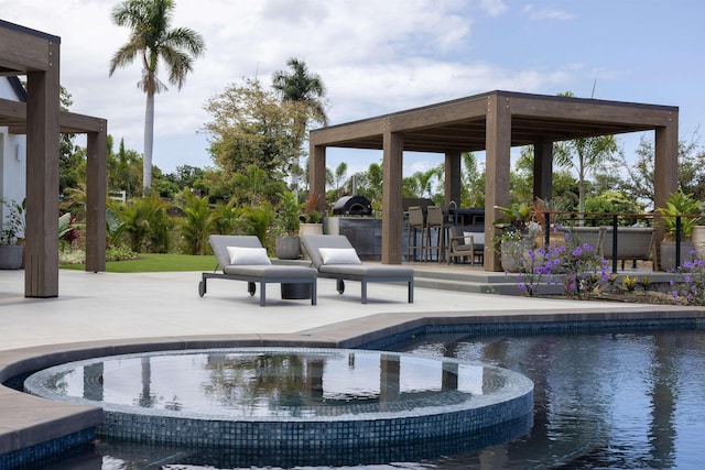 view of swimming pool featuring an in ground hot tub, an outdoor kitchen, an outdoor bar, and a patio area