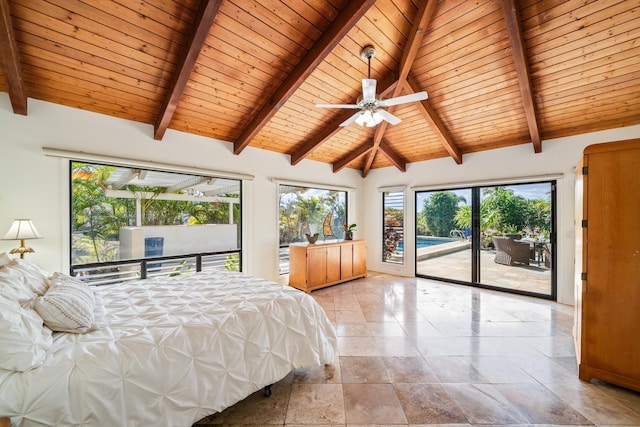 bedroom featuring access to exterior, ceiling fan, wooden ceiling, beamed ceiling, and high vaulted ceiling