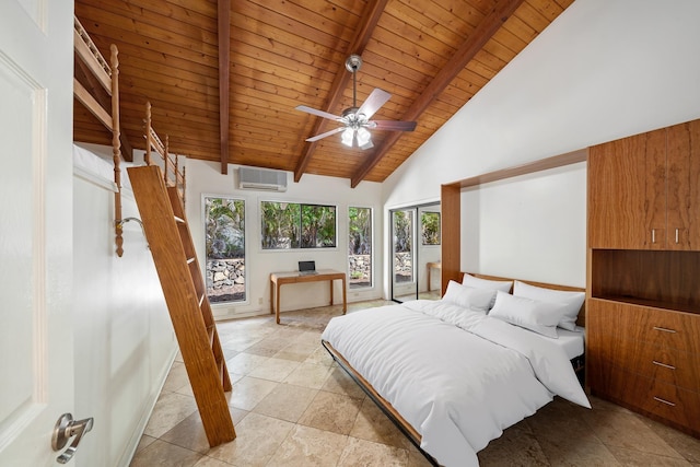 bedroom featuring ceiling fan, beam ceiling, wooden ceiling, and a wall unit AC