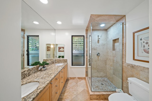 bathroom featuring vanity, toilet, and a shower with shower door