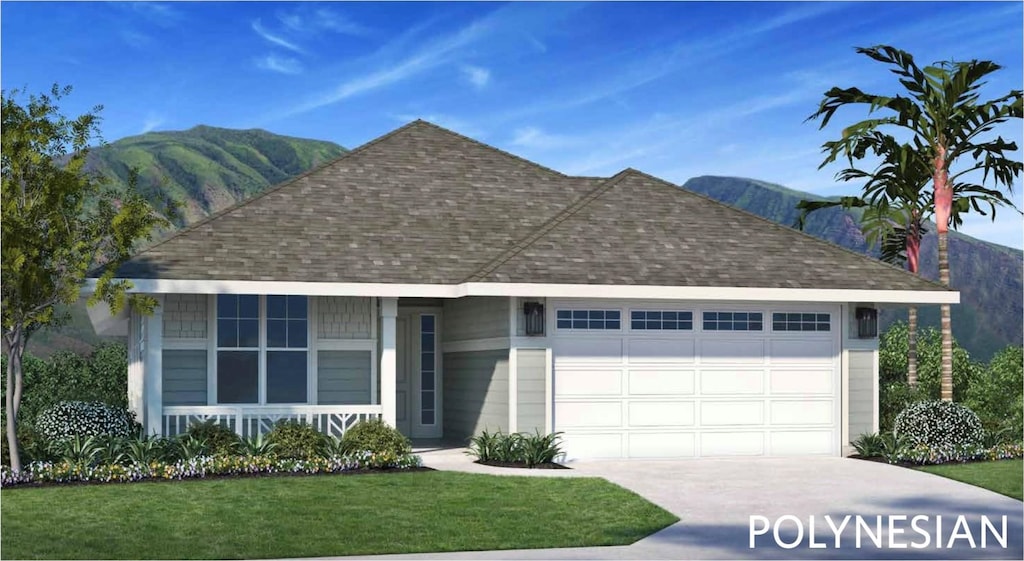 93 Unahe Pl Lot 125A, Kahului, HI 96732 - single story home featuring roof with shingles, driveway, a garage, a front lawn, and a mountain view