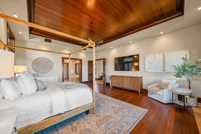 bedroom featuring a raised ceiling, a chandelier, dark hardwood / wood-style flooring, and wooden ceiling