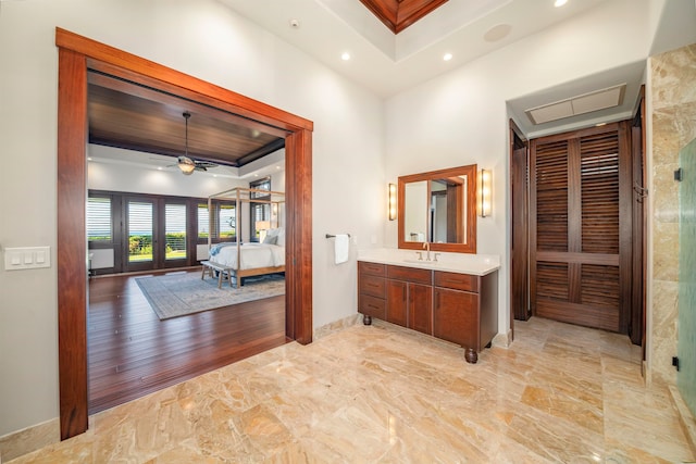 bathroom featuring wood-type flooring, vanity, a tray ceiling, and ceiling fan