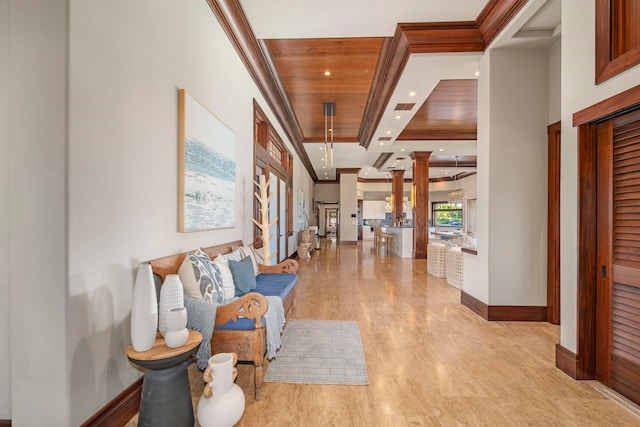 corridor featuring light hardwood / wood-style flooring and wood ceiling