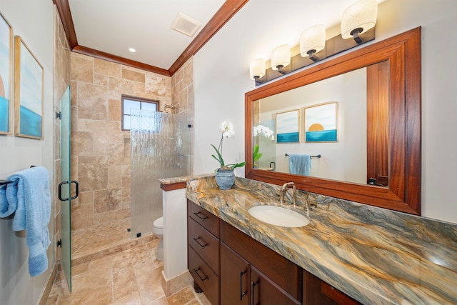 bathroom with toilet, a shower with door, a healthy amount of sunlight, and ornamental molding