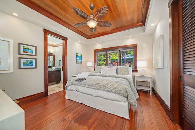 bedroom with ceiling fan, wooden ceiling, dark wood-type flooring, and ensuite bath