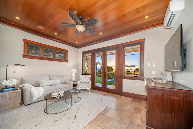 living room featuring a wall unit AC, ceiling fan, french doors, and wood ceiling