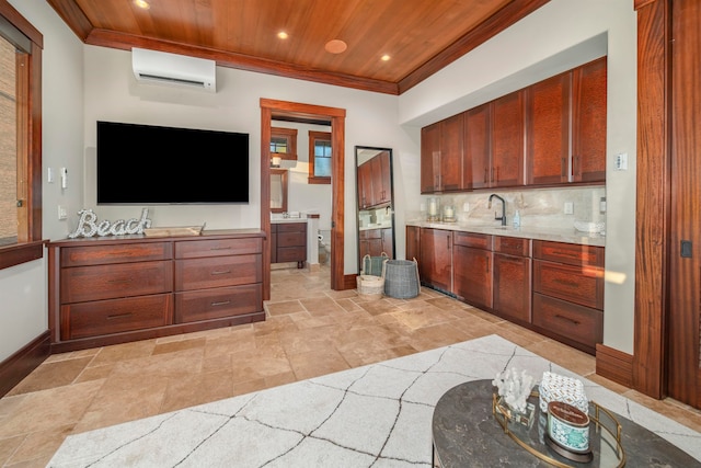 kitchen featuring decorative backsplash, light stone counters, a wall unit AC, sink, and wooden ceiling