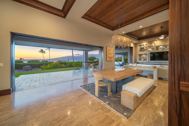 dining space with crown molding, wooden ceiling, and ceiling fan with notable chandelier