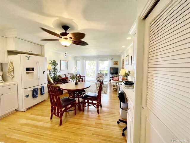 7146 Kamehameha V Hwy Unit 207C, Kaunakakai, HI 96748 - dining space featuring a ceiling fan, light wood-style flooring, recessed lighting, and ornamental molding