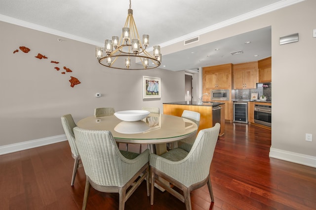 dining room featuring crown molding, beverage cooler, and dark wood-type flooring