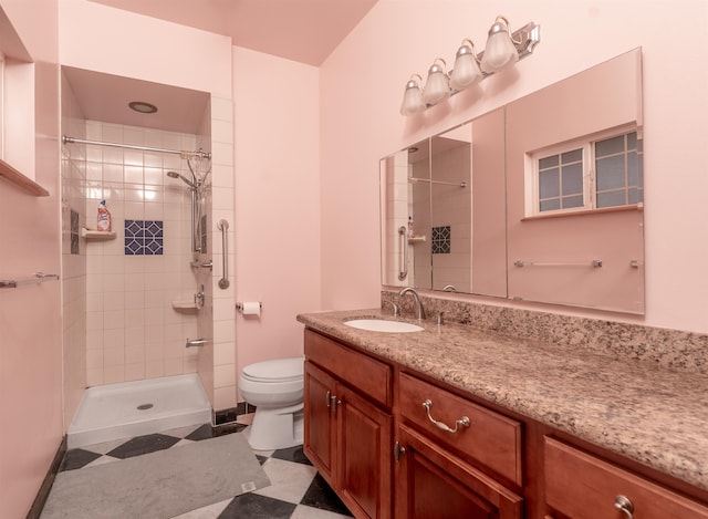 bathroom with toilet, vanity, and tiled shower