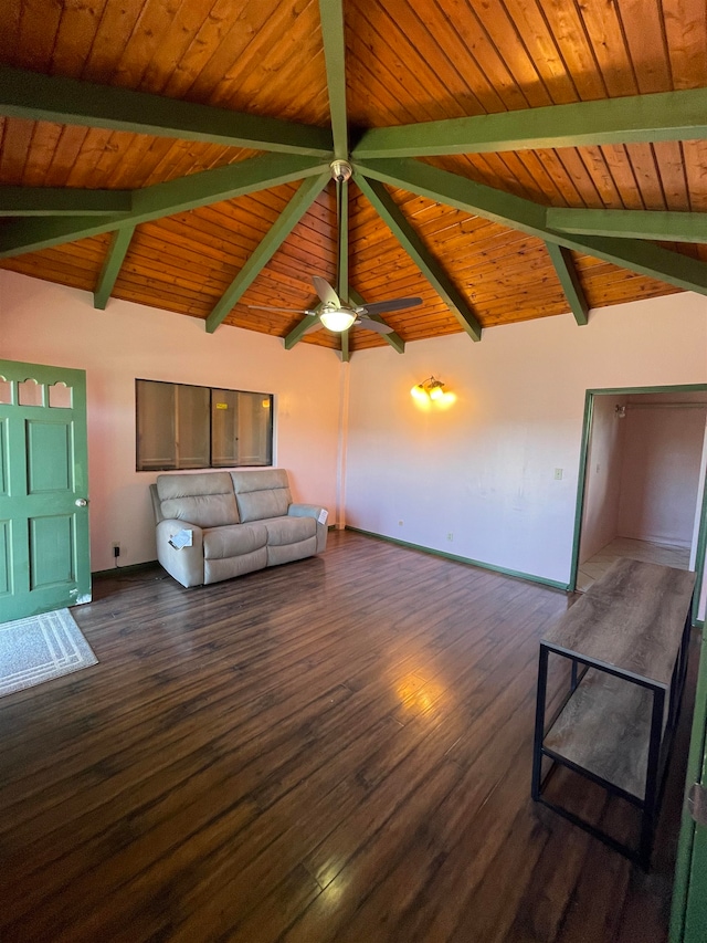 unfurnished living room featuring lofted ceiling with beams, dark hardwood / wood-style flooring, ceiling fan, and wooden ceiling