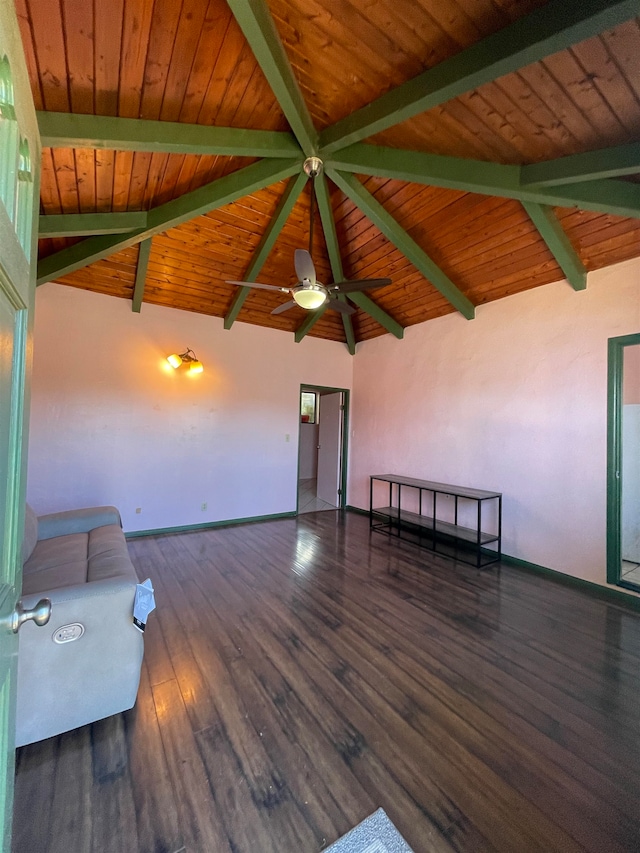 unfurnished living room with vaulted ceiling with beams, ceiling fan, wooden ceiling, and dark hardwood / wood-style floors