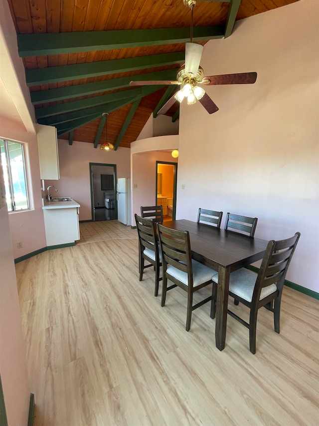 dining room featuring vaulted ceiling with beams, light hardwood / wood-style floors, wooden ceiling, and sink