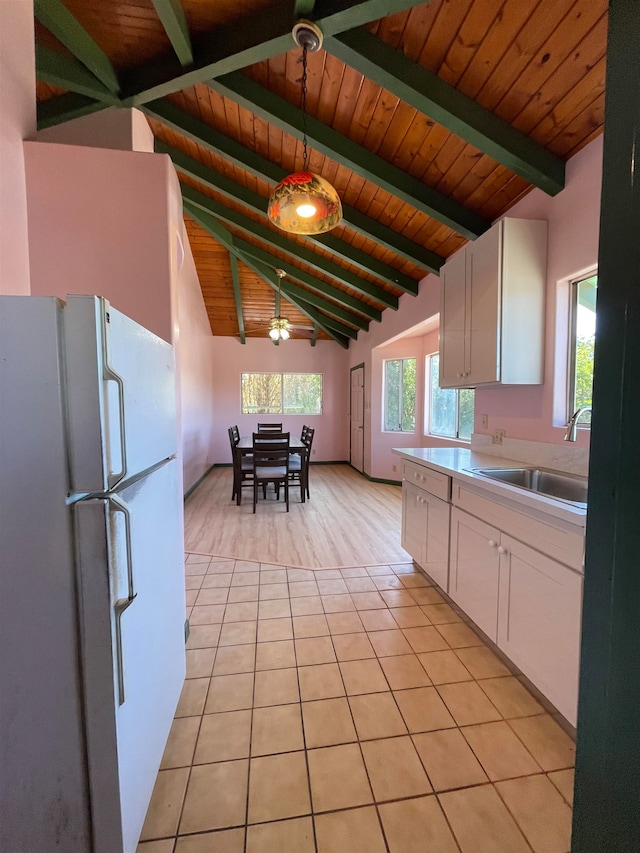 kitchen featuring sink, lofted ceiling with beams, white fridge, white cabinets, and wood ceiling