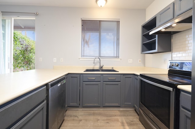 kitchen featuring open shelves, stainless steel appliances, decorative backsplash, a sink, and under cabinet range hood