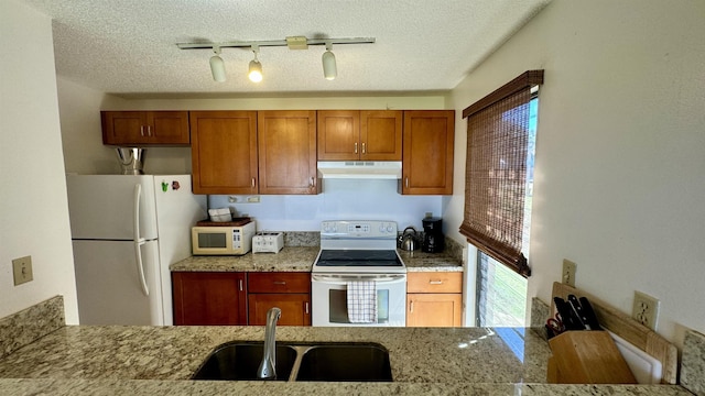 kitchen with white appliances, plenty of natural light, under cabinet range hood, and a sink