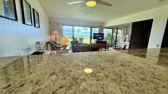 living room with ceiling fan and a textured ceiling