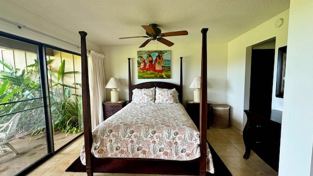 bedroom featuring a textured ceiling, light tile patterned floors, access to exterior, and ceiling fan