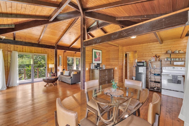 dining room featuring wood-type flooring, high vaulted ceiling, wooden ceiling, wooden walls, and beam ceiling